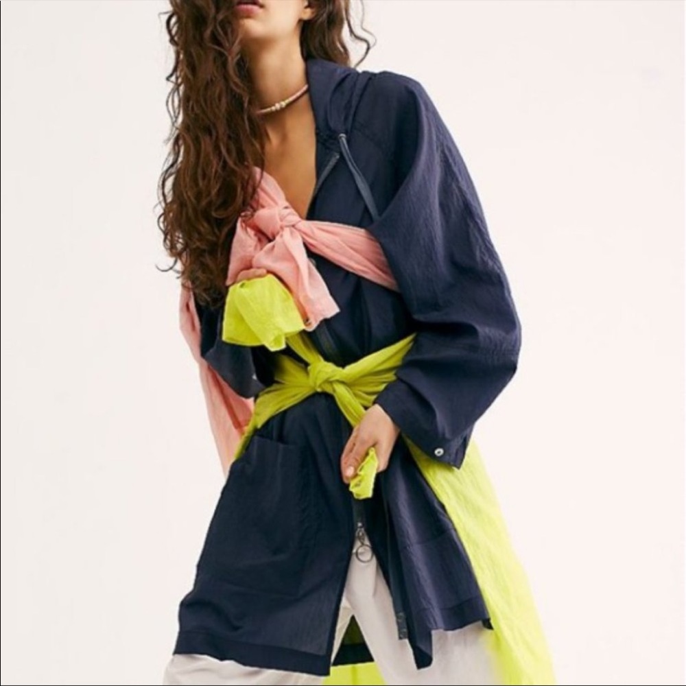 Free People Navy Hooded Lightweight Coat with Pink and Neon Yellow Wraps